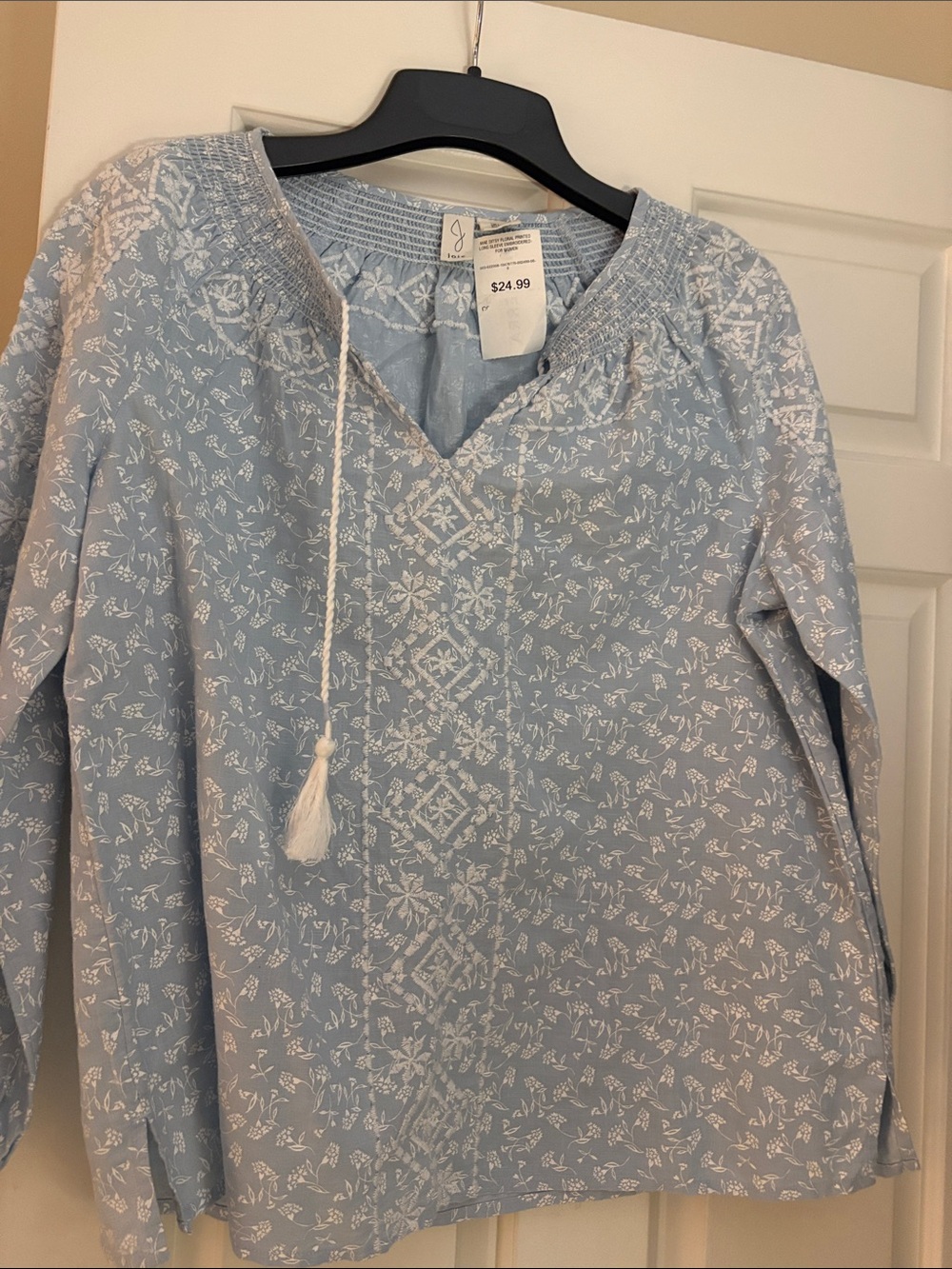 Joie Peasant Blouse Embroidered Linen Cotton  Large Lt Blue White Tassels NWT